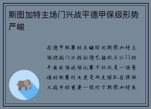 斯图加特主场门兴战平德甲保级形势严峻