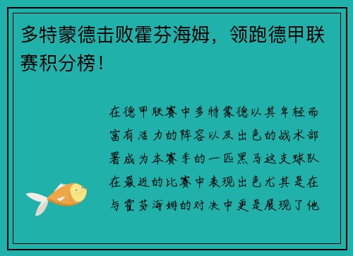 多特蒙德击败霍芬海姆，领跑德甲联赛积分榜！