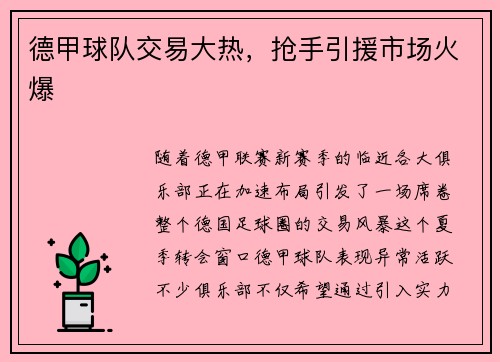 德甲球队交易大热，抢手引援市场火爆